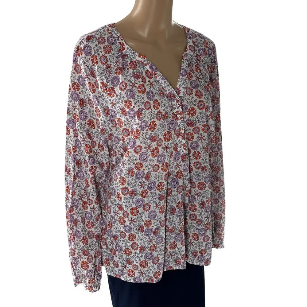 Boden Natural White Patricia Floral Red Purple Popover Long Sleeve Top